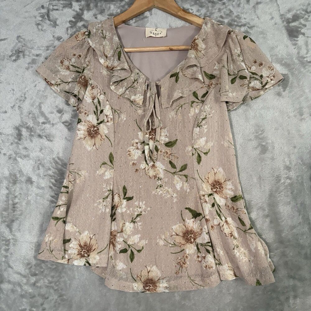 Ember Floral Mesh Peasant Top Size S Taupe Beige Metallic Ruffle Y2K Coquette